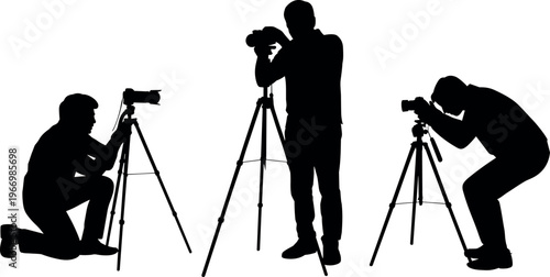 Silhouettes of professional photographers using cameras on tripods capturing images in studio, creative media production concept with multiple angles