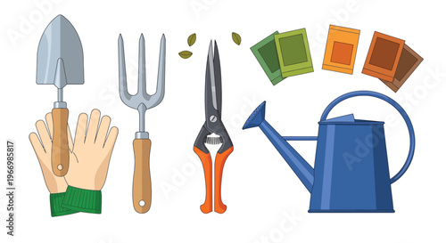 Gardening Tools Set with Trowel, Hand Fork, Gloves and Pruning Shears, Watering Can, Seed Packets, Flat Vector Illustration Isolated on White