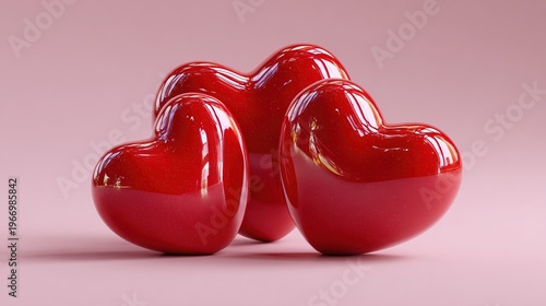 Three Red Hearts: A trio of glossy, crimson hearts, symbols of love and affection, come together against a soft backdrop, celebrating the warmth of human emotion.