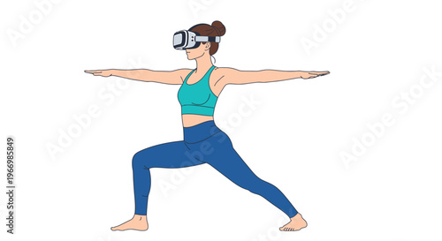 VR Yoga Woman Doing Warrior II Pose Wearing Virtual Reality Headset Isolated Illustration