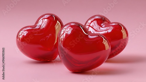 A Trio of Hearts: Three glossy, red hearts rest delicately, exuding warmth and affection against a soft pink backdrop, celebrating the universal symbol of love and connection.