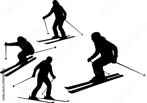 Skiers silhouettes in action poses, winter sport, skiing activity, adventure and outdoor recreation concept isolated on white background