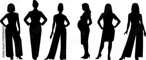 Stylish women silhouettes collection in modern outfits, fashion models poses, elegance, beauty and lifestyle concept isolated on white background illustration