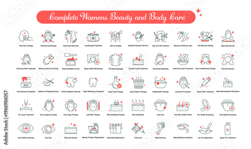 Complete Womens Beauty and Body Care icon, Head-to-Toe Beauty Treatments and Personal Care Icons, Expert Cosmetic and Grooming Service Icons for Women. Editable Stroke.
