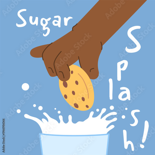 Cookies biscuit and fresh milk, black hand dipping cookie choco chips to milk in glass. Vector illustration