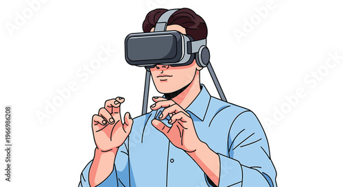 Virtual Reality Man Gesturing Hands Isolated on White Illustration