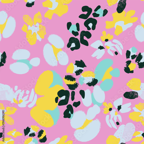 A floral seamless vector pattern in vibrant yellow, mint, off-white and deep green on soft pink background