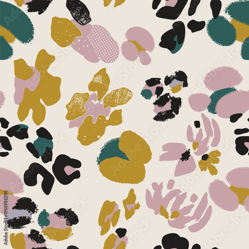 A seamless vector pattern of abstract floral shapes in mustard, sage, lilac, black and cream on warm beige background