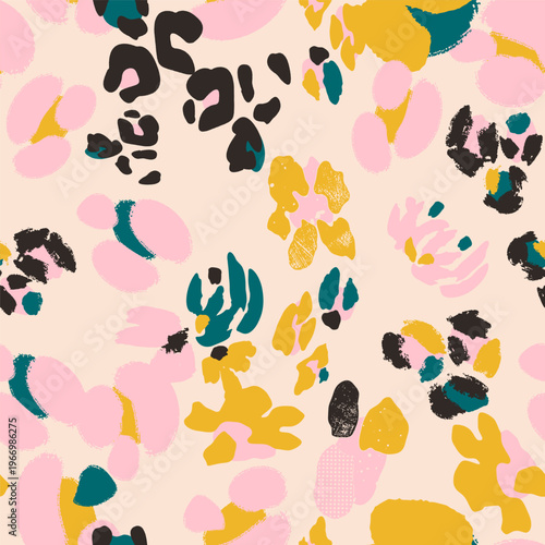 A floral seamless vector pattern in vibrant yellow, pink, mint, deep teal and black on warm cream background with hand-painted organic blooms