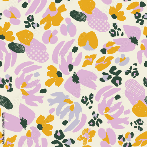 A floral seamless vector pattern in vibrant yellow, soft lilac, mint and deep green on warm cream background with hand-painted organic blooms