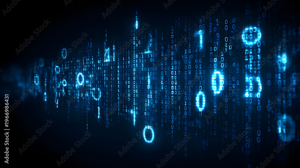 Obraz premium Digital matrix with glowing symbols representing binary code in futuristic style, creating sense of technology and innovation. blue light enhances mysterious atmosphere