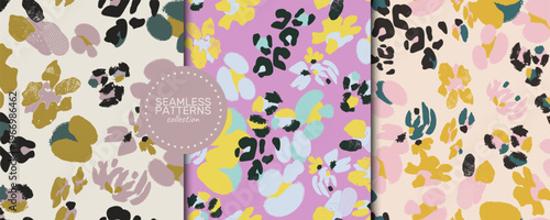 A floral seamless vector patterns collection in mustard, lilac, yellow, mint, deep green and black on cream and soft pink with hand-painted organic blooms