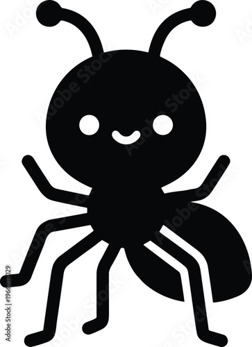 Cute ant cartoon silhouette with smiling face, simple mascot character isolated on white background, playful insect vector illustration design