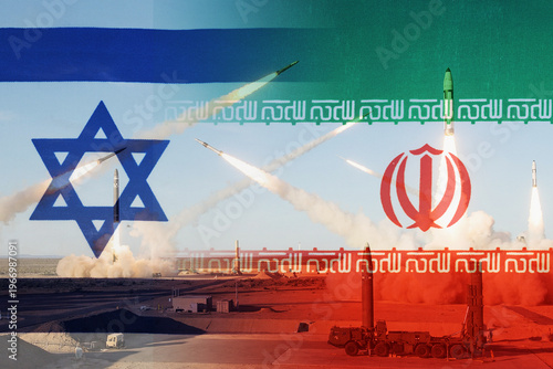 Geopolitical struggle: a military conflict unfolding between Israel and Iran. Missiles near flags.