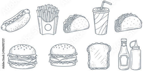 A hand-drawn collection of popular fast food items, featuring burgers, hot dogs, tacos, fries, and drinks, perfect for menus and culinary designs