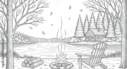 Cozy winter scene with a crackling campfire, Adirondack chair, and a rustic cabin by a serene frozen lake, surrounded by snow-covered trees and barren branches