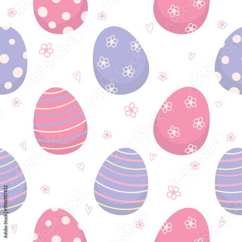 Easter eggs seamless pattern with hearts and flowers. Cute pastel spring background.