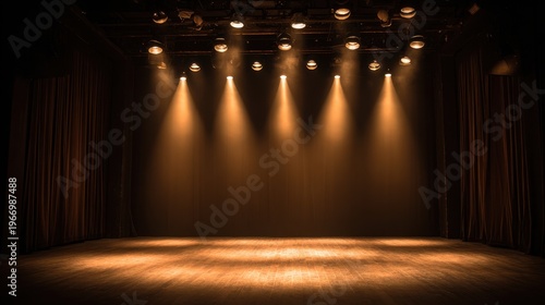 Empty stage with warm lights casting dramatic shadows, showcasing theatrical ambiance perfect for performances and artistic expressions in creative arts and theatre settings