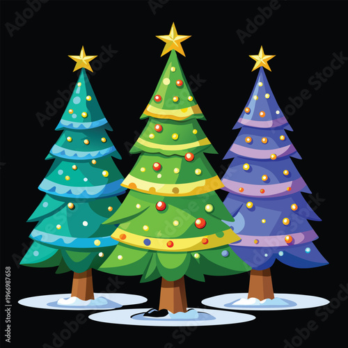 Three decorated christmas trees with stars on