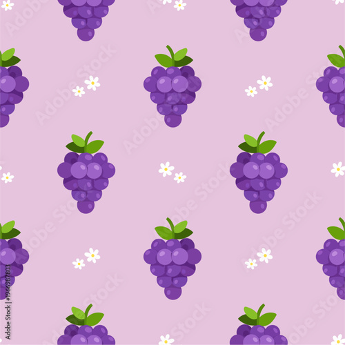 Grape seamless pattern with flower and leaves decoration. Fruit vector illustration. Can be used for wallpaper, paper wrapping, decoration and fashin fabric