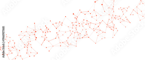Abstract vibrant red network of connected nodes and lines on a clean white background, representing digital technology, data, science, and global communication.