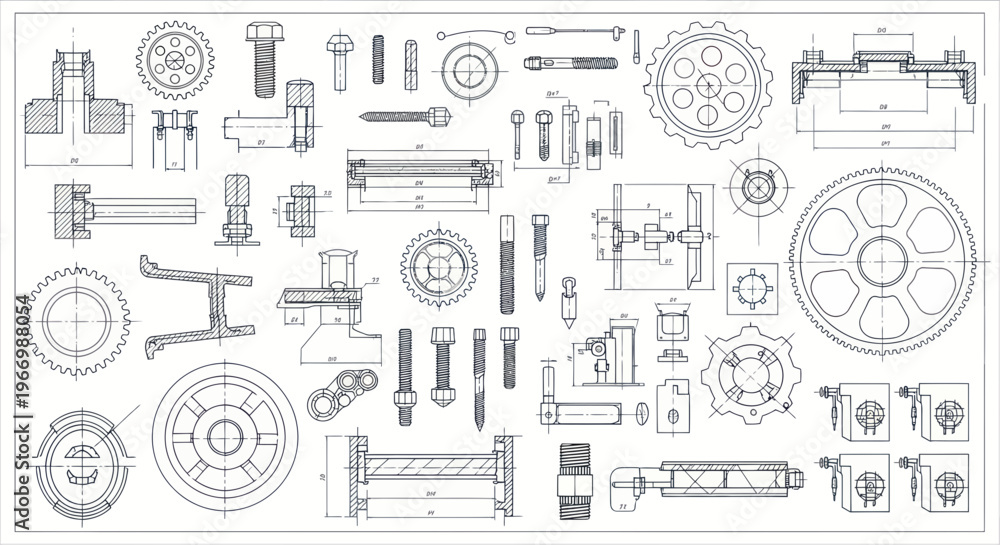 Obraz premium Mechanical Engineering Blueprints: Gears, Bolts, and Technical Drawings Collage