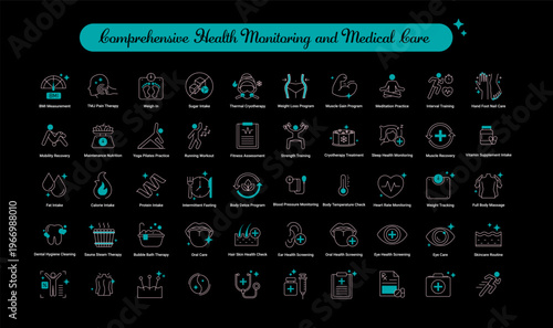 Comprehensive Health Monitoring and Medical Care icon, Clinical Diagnostics and Vital Signs Health Check Icons, Complete Medical Assessment and Wellness Screening Icons. Editable Stroke.