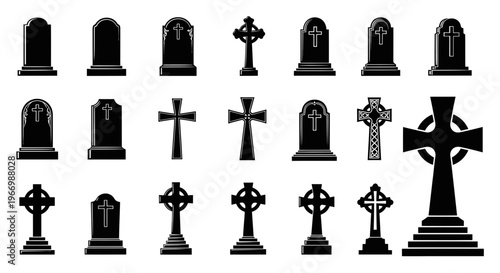 Grave Markers Collection: Tombstones, Crosses and Celtic Crosses Silhouettes