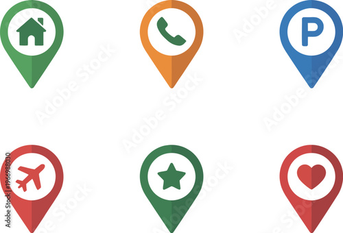 Colorful map location pin icon set for navigation, travel, and address markers in modern vector graphic design