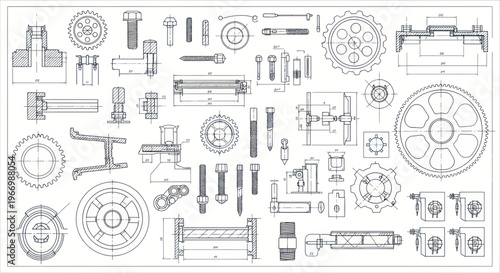 Mechanical Engineering Blueprints: Gears, Bolts, and Technical Drawings Collage