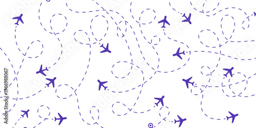 Seamless pattern of purple airplanes flying on dashed routes across a white background, symbolizing global travel, logistics, and interconnected journeys.