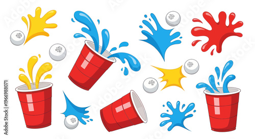 Red Plastic Cups with Splashing Water and Ping Pong Balls