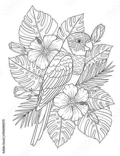 Parrot perched among tropical leaves and hibiscus flowers detailed botanical nature coloring page