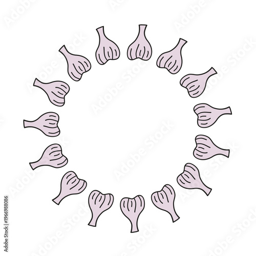 Cute round wreath with doodle violet garlics isolated on white background. Natural hand drawn illustration. Healthy savory vegetables in circle shape.