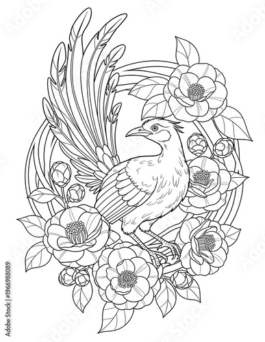 Bird with raised wings among blooming camellia flowers and leaves detailed botanical nature coloring page