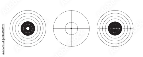Silhouette target set including shooting range bullseye and sniper crosshair aim icons for marksmanship skill.