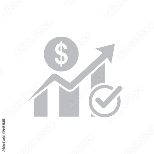 Monochrome financial indicator showcases upward trending analysis beside a currency denomination and a finalized completion tick.