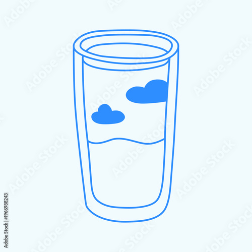 Cute doodle outline drink with clouds in glass isolated on pastel background. Hand drawn summer beverage in line art Mediterranean style. Fresh smoothie or non alcoholic cocktail.