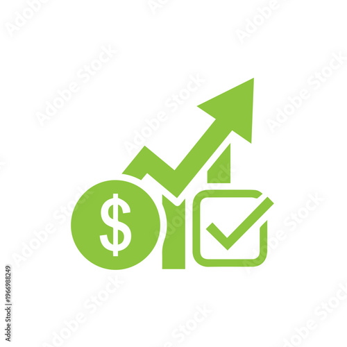 Simple gray scale graphic depicts financial objective achievement using a rising line chart, a dollar coin, and a verified task box.