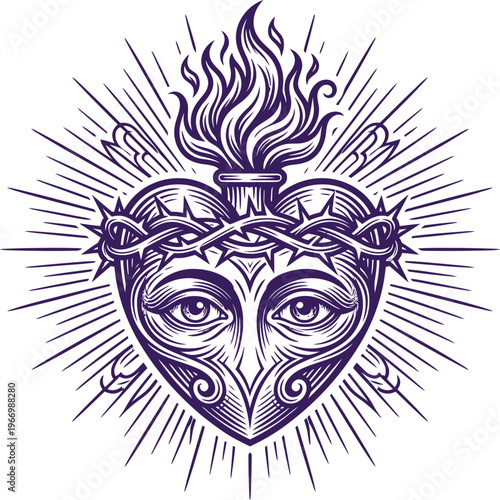 Sacred Heart of Jesus with Eyes and Flames in Purple Ink Style