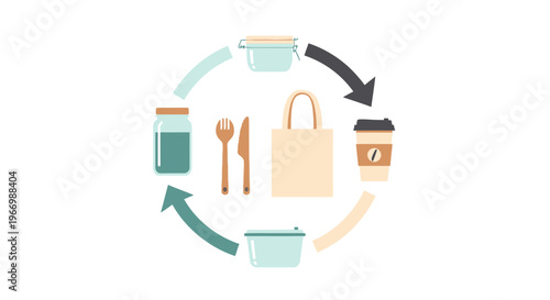 Circular icons of daily life objects.