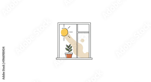 A cartoon window with a potted plant and sun.