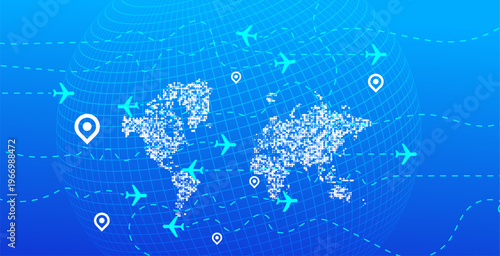 A detailed digital world map featuring white dotted continents, light blue airplanes, dashed flight routes, and location pins on a blue grid globe. Ideal for global logistics.