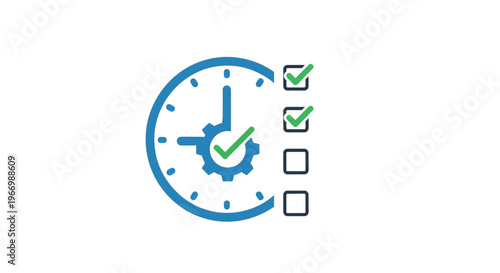 A blue clock with checklist and gear.