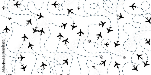 A seamless pattern features numerous black silhouette airplanes following dotted flight paths on a clean white background, creating a dynamic global travel and navigation concept.
