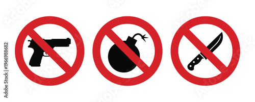 Weapon prohibition symbols featuring silhouette of handgun bomb and knife within red circles for safety signs.