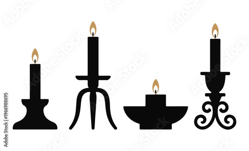 Set of silhouettes of burning candles in decorative holders isolated on a white background, creating festive atmosphere.