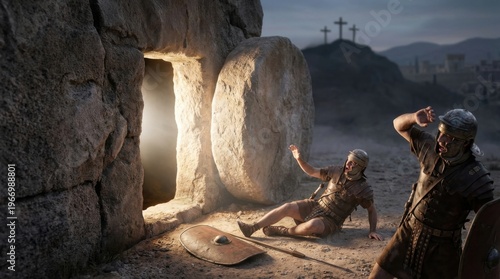 Roman soldiers reacting in fear to the empty tomb of Jesus Christ. Biblical scene depicting the miracle of Resurrection at Easter. Concept of Christian faith and divine power.