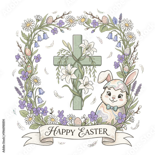Hand drawn Easter cross with floral wreath lily and cute bunny in eggshell