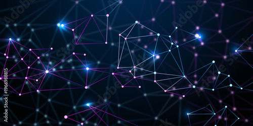Abstract digital network background with glowing connected nodes and bright lines on a dark blue gradient illustrating data communication, technology flow, and futuristic connectivity.